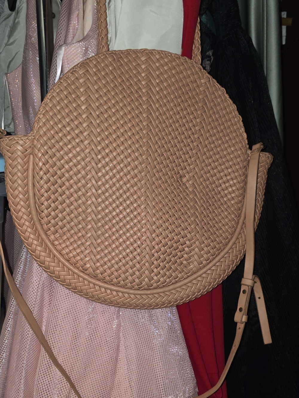 Anthropologie Woven Round Crossbody Bag in Tan